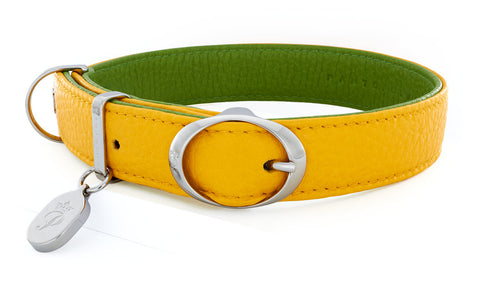 Pantofola Italian luxury leather dog collar in Limone and Pistacchio, Medium